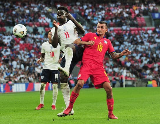 Football - 2022 FIFA World Cup, WM, Weltmeisterschaft, Fussball - European Qualifying - Group I - England vs Andorra - Wembley Stadium - Sunday 5th September 2021 Bukayo Saka of England and Chus Rubio of Andorra 