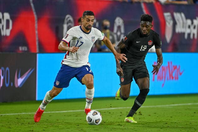 NASHVILLE, TN - SEPTEMBER 05: US midfielder, Sebastian Lletget (17), fights for ball control with Canadian defender, Alphonso Davies (19), during the World Cup qualifying match between Canada and the United States on September 5, 2021 at Nissan Stadium in Nashville, TN. (Photo by Kevin Langley Icon Sportswire) SOCCER: SEP 05 USA v Canada Icon2109051435