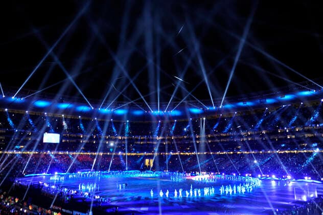 1 Jahr bis WM 2022: Historie, Stadien und Architektur Fussball-Weltmeisterschaft 2010. Finale: Niederlande - Spanien 11.7.2010 in Johannesburg. Abschlussfeier im Soccer City Stadion.