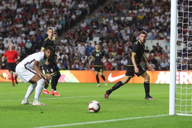 England v Kosovo U21, U 21 7 September 2021, Milton Keynes - UEFA U21 Qualifier - England v Kosovo U21 - Rhian Brewster of England watches the ball pass wide of the post - Photo: Charlotte Wilson Offside. Milton Keynes UK Copyright: xCharlottexWilsonx xOffsidexOffside