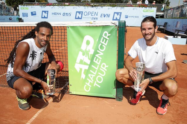 TENNIS - ATP, Tennis Herren NOE Open TULLN,AUSTRIA,11.SEP.21 - TENNIS - ATP Challenger Tour, NOE Open. Image shows Dustin Brown (GER) and Andrea Vavassori (ITA). Keywords: trophy.  GEPAxpictures xWalterxLuger