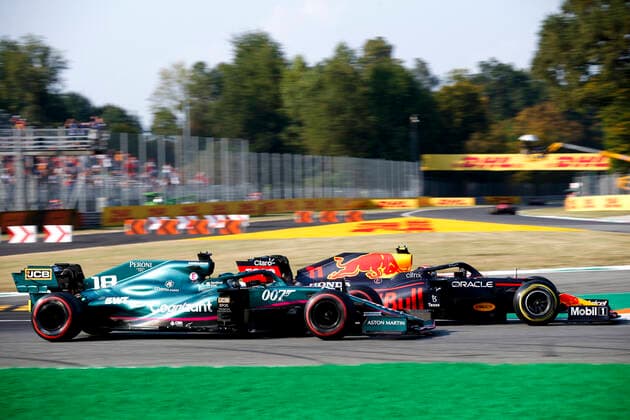 18 Lance Stroll (CAN, Aston Martin Cognizant F1 Team), 11 Sergio Perez (MEX, Red Bull Racing), F1 Grand Prix of Italy at Autodromo Nazionale Monza on September 11, 2021 in Monza, Italy. (Photo by HOCH ZWEI) Monza Italy