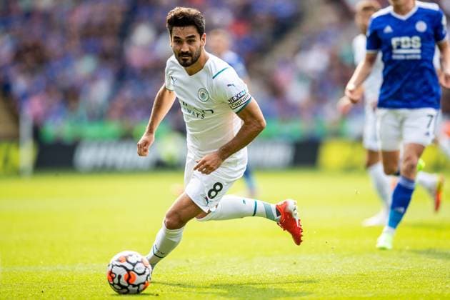 Leicester City v Manchester City Premier League 11 09 2021. Manchester City midfielder Ilkay Gundogan (c) (8) during the Premier League match between Leicester City and Manchester City at the King Power Stadium, Leicester, England on 11 September 2021. Editorial use only DataCo restrictions apply See www.football-dataco.com , Copyright: xManjitxNarotrax PSI-13582-0077