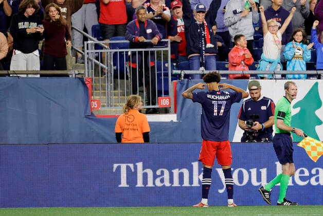 FOXBOROUGH, MA - SEPTEMBER 11: New England Revolution forward Tajon Buchanan (17) celebrates the game winner during a match between the New England Revolution and New York City FC on September 11, 2021 at Gillette Stadium in Foxborough, Massachusetts. (Photo by Fred Kfoury III Icon Sportswire) SOCCER: SEP 11 MLS, Fussball Herren, USA - New York City FC at New England Revolution Icon482210911034