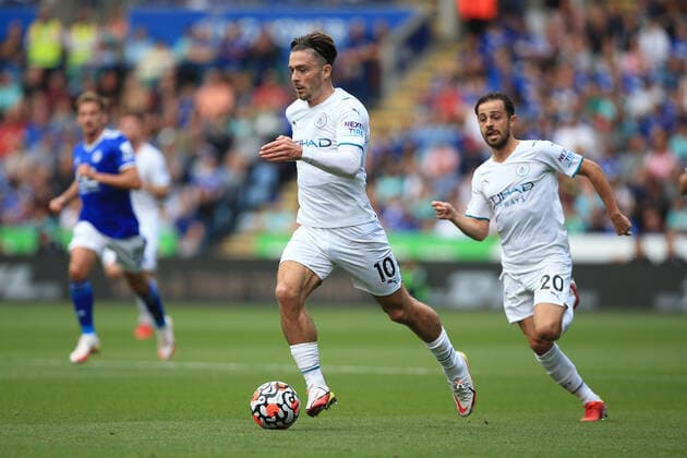 Football - Premier League - Leicester City v Manchester City 11th September 2021 - Premier League - Leicester City v Manchester City - Jack Grealish of Manchester City runs with the ball, supported by Bernardo Silva of Manchester City (R) - Photo: Simon Stacpoole Offside. Leicester UK Copyright: xSimonxStacpoolexOffside