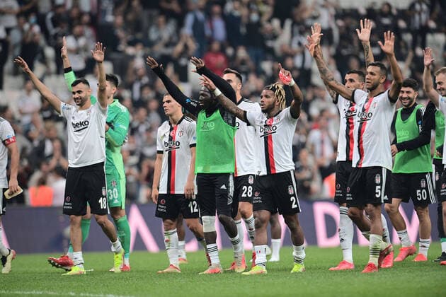 Besiktas s players celebrated their victory with fans after the Turkish Super League football match between Besiktas and Yeni Malatyaspor at Vodafone Park in Istanbul , Turkey on Septemper 11, 2021. 
