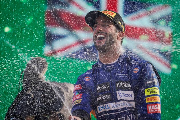 September 12, 2021, Monza, Italy: DANIEL RICCIARDO of Australia and McLaren F1 Team is seen on the podium after winning the 2021 FIA Formula 1 Italian Grand Prix at Autodromo Nazionale Monza in Monza, Italy. Monza Italy - ZUMAg147 20210912_zap_g147_067 Copyright: xJamesxGasperottix