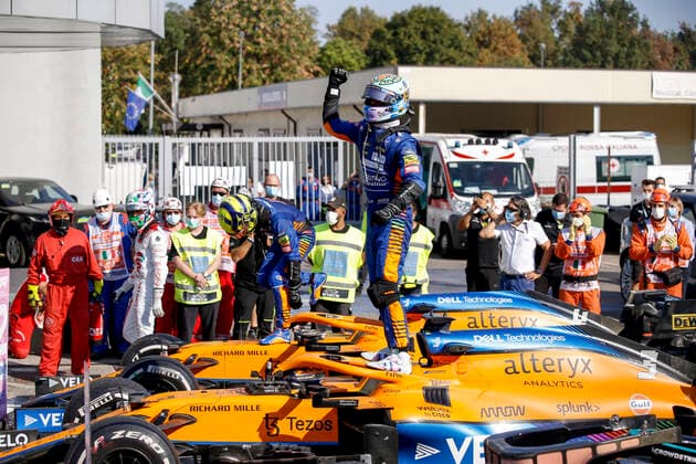 3 Daniel Ricciardo (AUS, McLaren F1 Team), 4 Lando Norris (GBR, McLaren F1 Team), F1 Grand Prix of Italy at Autodromo Nazionale Monza on September 12, 2021 in Monza, Italy. (Photo by HOCH ZWEI) Monza Italy