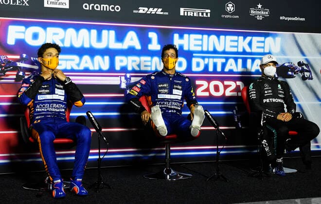 F1 Grand Prix of Italy 4 Lando Norris (GBR, McLaren F1 Team), 3 Daniel Ricciardo (AUS, McLaren F1 Team), 77 Valtteri Bottas (FIN, Mercedes-AMG Petronas F1 Team), F1 Grand Prix of Italy at Autodromo Nazionale Monza on September 12, 2021 in Monza, Italy. (Photo by Rudy Carezzevoli Getty Images FIA Pool via HOCH ZWEI) Monza Autodromo di Monza Italy Poolfoto HOCH ZWEI Pool Getty Images ,EDITORIAL USE ONLY