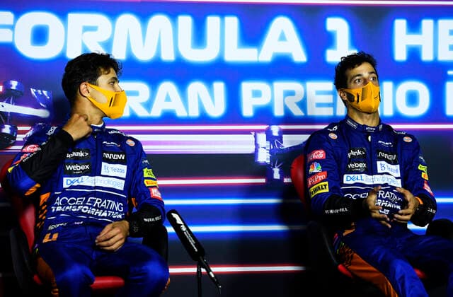 F1 Grand Prix of Italy 4 Lando Norris (GBR, McLaren F1 Team), 3 Daniel Ricciardo (AUS, McLaren F1 Team), F1 Grand Prix of Italy at Autodromo Nazionale Monza on September 12, 2021 in Monza, Italy. (Photo by Rudy Carezzevoli Getty Images FIA Pool via HOCH ZWEI) Monza Autodromo di Monza Italy Poolfoto HOCH ZWEI Pool Getty Images ,EDITORIAL USE ONLY