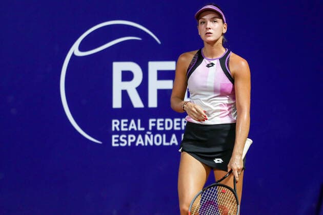 September 12, 2021, VALENCIA, VALENCIA, SPAIN: Darja Semenistaja of Latvia gestures against Guiomar Maristany of Spain during the first round of the Open Internacional de Valencia, ITF World Tennis, celebrated at Sporting Tennis Valencia on september 12, 2021, in Valencia, Spain. VALENCIA SPAIN - ZUMAa181 20210912_zaa_a181_309 Copyright: xIvanxTerronx