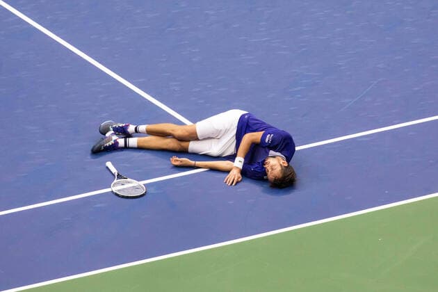 (210913) -- NEW YORK, Sept. 13, 2021 -- Daniil Medvedev of Russia celebrates after the men s singles final between Novak Djokovic of Serbia and Daniil Medvedev of Russia at the 2021 US Open in New York, the United States, Sept. 12, 2021. (Photo by Xinhua) (SP)U.S.-NEW YORK-TENNIS-US OPEN-MEN S SINGLES-FINAL MichaelxNagle 