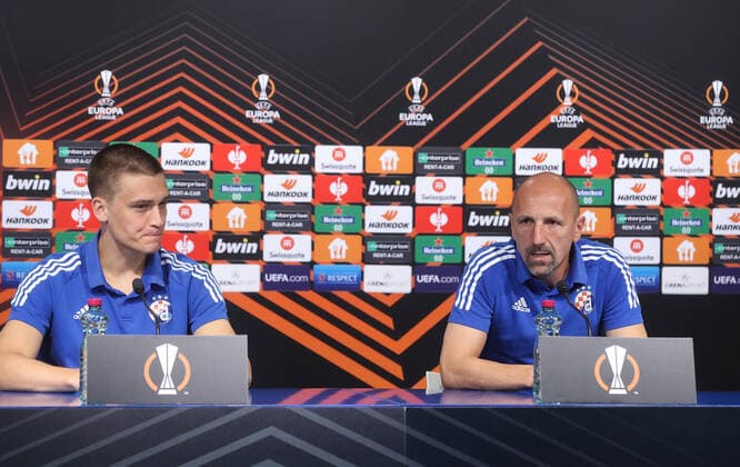 PXL DINAMO WEST HAM press conference, PK, Pressekonferenz GNK Dinamo player Rasmus Lauritsen and head coach Damir Krznar during press conference before Europa League football match between GNK Dinamo and West Ham in Zagreb, Croatia on 15. september, 2021. ZeljkoxLukunic PIXSELL