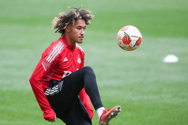 MOSCOW, RUSSIA - SEPTEMBER 15, 2021: Lokomotiv Moscow s Alexis Beka Beka during a training session at Luzhniki Stadium one day before a UEFA Europea League Group Stage match against Olympique de Marseille. The match will take place at Lokomotiv Stadium in Moscow on 16 September 2021. Sergei Savostyanov TASS  TS11083D