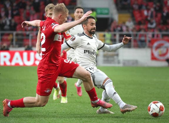 MOSCOW, RUSSIA â€“ SEPTEMBER 15, 2021: FC Spartak Moscow s Nikolai Rasskazov (L) and FC Legia Warsaw s Luquinhas in action in their 2021 22 UEFA Europa League Group C football match, at Otkrytie Arena Stadium. Sergei Fadeichev TASS  TS110859
