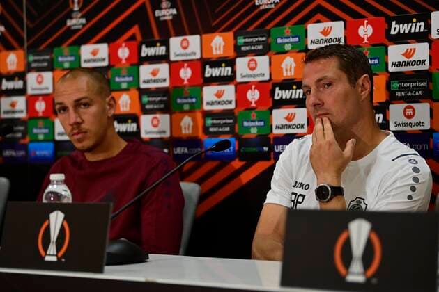 ATHENS, GREECE - SEPTEMBER 15 : Brian Priske head coach of Antwerp FC pictured during a press conference, PK, Pressekonferenz of Royal Antwerp FC prior to the Europa League game against Olympiacos on September 15, 2021 in Athens, Greece, 15 09 2021 ( Photo by Photonews FOOTBALL : media activities Royal Antwerp FC - Europa League - 15 09 2021 PHOTONEWS PANORAMIC 