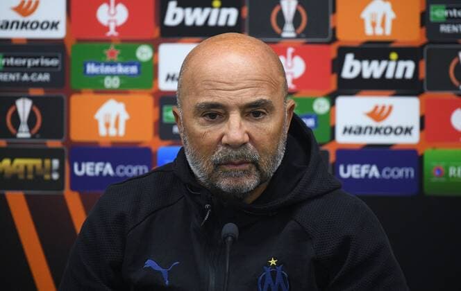 6651492 15.09.2021 Marseille s head coach Jorge Sampaoli speaks to the media during a news conference ahead of the Europa League soccer match against Lokomotiv Moscow, in Moscow, Russia. Ramil Sitdikov Sputnik Russia Europa League Marseille Training  5e4735962e82d6a3