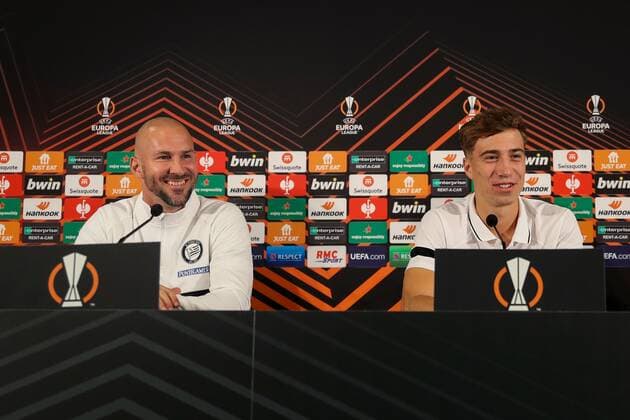 SOCCER - UEFA EL, Monaco vs Sturm MONACO,MONACO,15.SEP.21 - SOCCER - UEFA Europa League, group stage, AS Monaco vs SK Sturm Graz, preview, press conference, PK, Pressekonferenz Sturm. Image shows head coach Christian Ilzer and David Affengruber (Sturm).  GEPAxpictures xPhilippxBrem