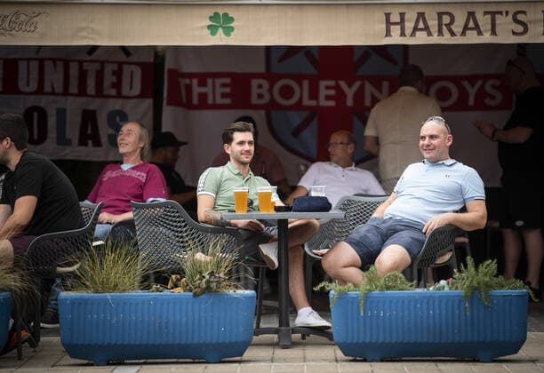 Mandatory Credit: Photo by Simon Dael Shutterstock (12446971e) West Ham United fans Dinamo Zagreb v West Ham United, UEFA Europa League, Group H, Football, Stadion Maksimir, Zagreb, Croatia - 16 Sep 2021 EDITORIAL USE ONLY No use with unauthorised audio, video, data, fixture lists, club league logos or live services. Online in-match use limited to 120 images, no video emulation. No use in betting, games or single club league player publications. Dinamo Zagreb v West Ham United, UEFA Europa League, Group H, Football, Stadion Maksimir, Zagreb, Croatia - 16 Sep 2021 EDITORIAL USE ONLY No use with unauthorised audio, video, data, fixture lists, club league logos or live services. Online in-match use limited to 120 images, no video emulation. No use in betting, games or single club league player publications. Copyright: xSimonxDael Shutterstockx 12446971e