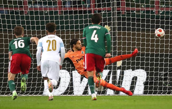 MOSCOW, RUSSIA â€“ SEPTEMBER 16, 2021: FC Lokomotiv Moscow s goalkeeper Guilherme Marinato (C) in action in their 2021 22 UEFA Europa League Group E football match against FC Olympique de Marseille, at RZD Arena Stadium. Sergei Savostyanov TASS  TS110AC6
