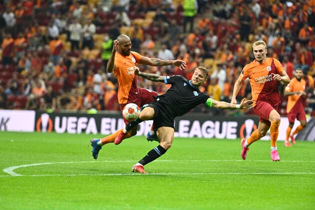 Marcao , Victor Nelsson (R) of Galatasaray and Ciro Immobile of Lazio during the UEFA Europa League Group E match between Galatasaray and Lazio at Turk Telekom Stadium in Istanbul , Turkey on September 16, 2021. 