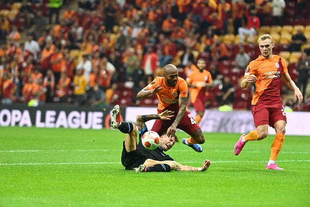 Marcao , Victor Nelsson (R) of Galatasaray and Ciro Immobile of Lazio during the UEFA Europa League Group E match between Galatasaray and Lazio at Turk Telekom Stadium in Istanbul , Turkey on September 16, 2021. 