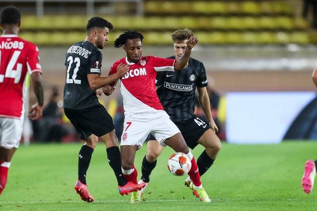 Fußball, EL, AS Monaco - SK Sturm Graz SOCCER - UEFA EL, Monaco vs Sturm MONACO,MONACO,16.SEP.21 - SOCCER - UEFA Europa League, group stage, AS Monaco vs SK Sturm Graz. Image shows Jusuf Gazibegovic (Sturm), Gelson Martins (Monaco) and David Affengruber (Sturm).  GEPAxpictures xPhilippxBrem
