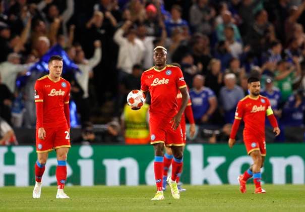 Leicester, England, 16th September 2021. Dejected Victor Osimhen of Napoli following the Leicester goal during the UEFA Europa League match at the King Power Stadium, Leicester. Picture credit should read: Darren Staples Sportimage EDITORIAL USE ONLY. No use with unauthorised audio, video, data, fixture lists, club league logos or live services. Online in-match use limited to 120 images, no video emulation. No use in betting, games or single club league player publications. SPI-1197-0014