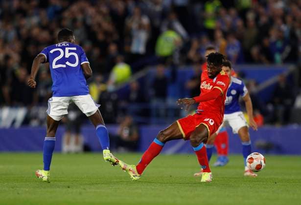 Leicester, England, 16th September 2021. Wilfred Ndidi of Leicester City fouls Andre-Frank Zambo Anguissa of Napoli during the UEFA Europa League match at the King Power Stadium, Leicester. Picture credit should read: Darren Staples Sportimage EDITORIAL USE ONLY. No use with unauthorised audio, video, data, fixture lists, club league logos or live services. Online in-match use limited to 120 images, no video emulation. No use in betting, games or single club league player publications. SPI-1197-0018