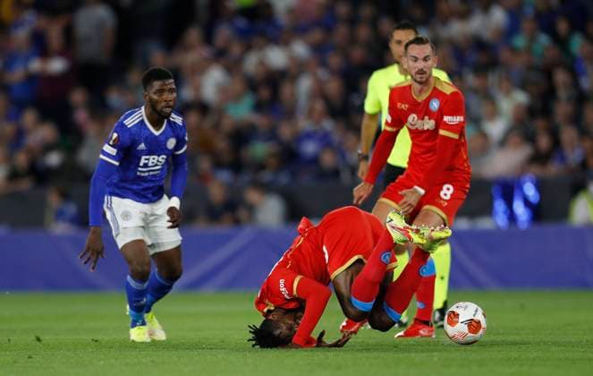 Leicester, England, 16th September 2021. Wilfred Ndidi of Leicester City fouls Andre-Frank Zambo Anguissa of Napoli during the UEFA Europa League match at the King Power Stadium, Leicester. Picture credit should read: Darren Staples Sportimage EDITORIAL USE ONLY. No use with unauthorised audio, video, data, fixture lists, club league logos or live services. Online in-match use limited to 120 images, no video emulation. No use in betting, games or single club league player publications. SPI-1197-0021