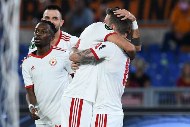 Fußball, EL, AS Rom - CSKA Sofia Soccer, conference league match , AS Roma v CSKA Sofia Graham Carey of CSKA Sofia celebrate after score the goal during the Conference League match between AS Roma v CSKA Sofia at Olimpico stadium in Rome, Italy, September 16, 2021. Imago-Images Emmefoto Copyright: xImago-Images Emmefotox