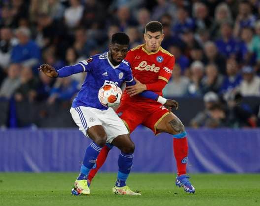 Leicester, England, 16th September 2021. Kelechi Iheanacho of Leicester City tussles with Giovanni Di Lorenzo of Napoli during the UEFA Europa League match at the King Power Stadium, Leicester. Picture credit should read: Darren Staples Sportimage EDITORIAL USE ONLY. No use with unauthorised audio, video, data, fixture lists, club league logos or live services. Online in-match use limited to 120 images, no video emulation. No use in betting, games or single club league player publications. SPI-1197-0025