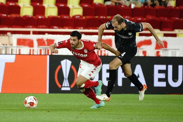 Fußball, EL, AS Monaco - SK Sturm Graz Kevin Volland (AS Monaco) - Jon Gorenc Stankovic (Sturm Graz) FOOTBALL : AS Monaco vs Sturm Graz - Ligue Europa - Monaco - 16 09 2021 NorbertScanella PanoramiC 