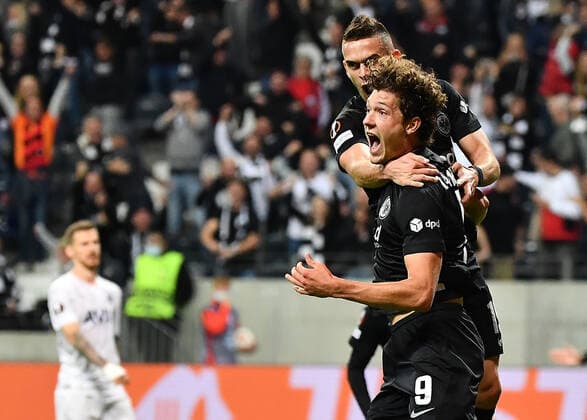 16.09.2021, xjhx, Fussball UEFA Europa League, Eintracht Frankfurt - Fenerbahce SK Istanbul emspor, v.l. Torjubel nach dem Tor zum celebrating the goal celebrate 1:1 durch Sam Lammers (Eintracht Frankfurt) mit Rafael Borre, Rafael Santos Borre Maury (Eintracht Frankfurt) (DFL DFB REGULATIONS PROHIBIT ANY USE OF PHOTOGRAPHS as IMAGE SEQUENCES and or QUASI-VIDEO) Frankfurt am Main