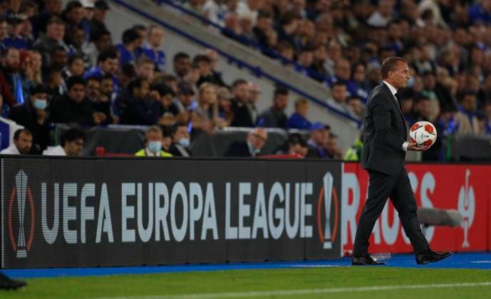 Fußball, EL, Leicester City - SSC Neapel Leicester, England, 16th September 2021. Brendan Rogers manager of Leicester City during the UEFA Europa League match at the King Power Stadium, Leicester. Picture credit should read: Darren Staples Sportimage EDITORIAL USE ONLY. No use with unauthorised audio, video, data, fixture lists, club league logos or live services. Online in-match use limited to 120 images, no video emulation. No use in betting, games or single club league player publications. SPI-1197-0043
