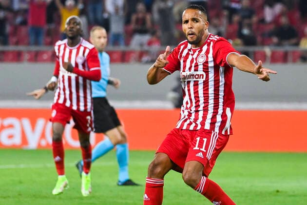 Olympiacos Youssef El Arabi celebrates after scoring during a soccer game between Greek Olympiacos F.C. and Belgian Royal Antwerp FC, Thursday 16 September 2021 in Piraeus, Athens, Greece, on the first day (out of six) in the Group D of the UEFA Europa League group stage. LAURIExDIEFFEMBACQ  x3089158x