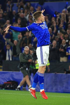 Fußball, EL, Leicester City - SSC Neapel Football - UEFA Europa League - Group C - Leicester City v SSC Napoli 16th September 2021 - UEFA Europa League - Group C - Leicester City v SSC Napoli - Harvey Barnes of Leicester City celebrates scoring their 2nd goal - Photo: Simon Stacpoole Offside. Leicester UK Copyright: xSimonxStacpoolexOffside