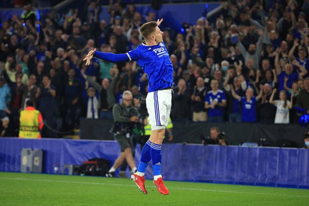 Fußball, EL, Leicester City - SSC Neapel Football - UEFA Europa League - Group C - Leicester City v SSC Napoli 16th September 2021 - UEFA Europa League - Group C - Leicester City v SSC Napoli - Harvey Barnes of Leicester City celebrates scoring their 2nd goal - Photo: Simon Stacpoole Offside. Leicester UK Copyright: xSimonxStacpoolexOffside