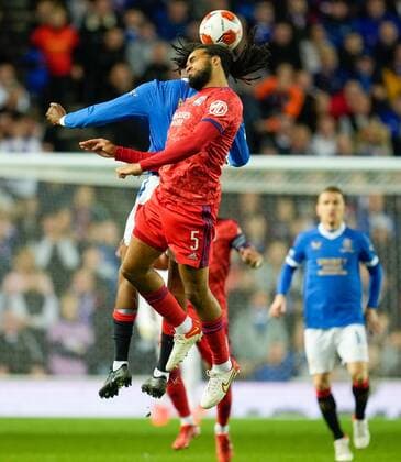 Mandatory Credit: Photo by Stuart Wallace Shutterstock (12447004p) Jason Denayer of Olympique Lyon & Joe Aribo of Rangers Rangers v Olympique Lyonnais, UEFA Europa League, Group A, Football, Ibrox Stadium, Glasgow, UK - 16 Sep 2021 EDITORIAL USE ONLY No use with unauthorised audio, video, data, fixture lists, club league logos or live services. Online in-match use limited to 120 images, no video emulation. No use in betting, games or single club league player publications. Rangers v Olympique Lyonnais, UEFA Europa League, Group A, Football, Ibrox Stadium, Glasgow, UK - 16 Sep 2021 EDITORIAL USE ONLY No use with unauthorised audio, video, data, fixture lists, club league logos or live services. Online in-match use limited to 120 images, no video emulation. No use in betting, games or single club league player publications. Copyright: xStuartxWallace Shutterstockx 12447004p