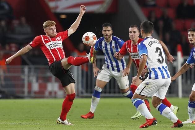 EINDHOVEN - 16-09-2021, Philips stadion. Dutch football, UEFA Europa League, season 2021-2022. during the match PSV - Real Sociedad, PSV player Yorbe Vertessen PSV - Real Sociedad  x13492692x Copyright: