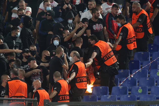 ROME, Italy - 16.09.2021: CSKA SOFIA fans burn as roma flag at end of the Uefa Europe Conference League, group C football match between As Roma vs CSKA Sofia at Olympic Stadium in Rome.  Copyright: xMarcoxIacobuccix xIPAx xMarcoxIacobuccix 0