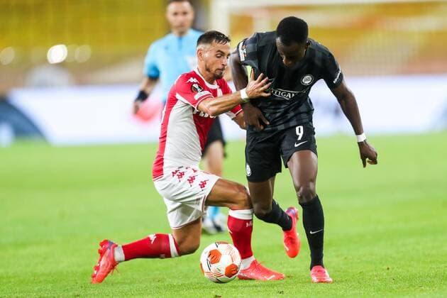 SOCCER - UEFA EL, Monaco vs Sturm MONACO,MONACO,16.SEP.21 - SOCCER - UEFA Europa League, group stage, AS Monaco vs SK Sturm Graz. Image shows Ruben Aguilar (Monaco) and Kelvin Yeboah (Sturm).  GEPAxpictures xPhilippxBrem