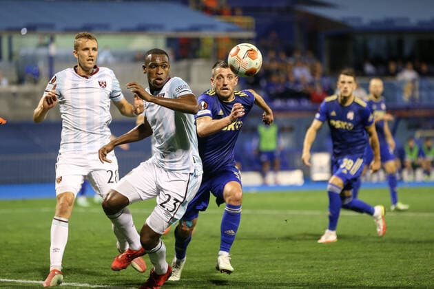 PXL_Dinamo Zagreb v West Ham United: Group H - UEFA Europa League ZAGREB, CROATIA - SEPTEMBER 16: Arijan Ademi of Dinamo Zagreb in action with Issa Diop of West Ham United during the UEFA Europa League group H match between Dinamo Zagreb and West Ham United at Maksimir Stadium on September 16, 2021 in Zagreb, Croatia. MatijaxHabljak PIXSELL