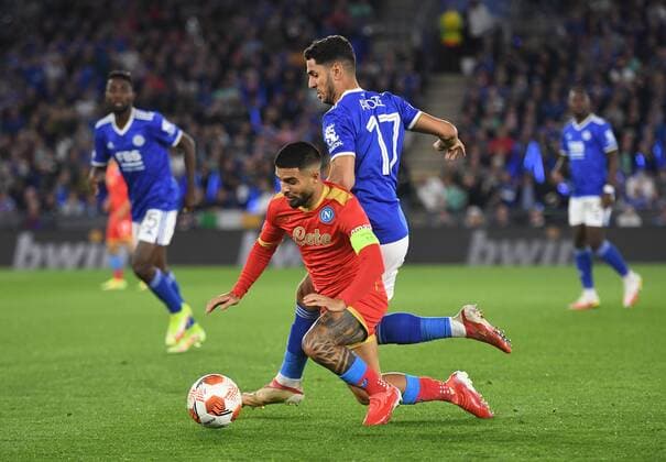 Mandatory Credit: Photo by Anna Gowthorpe Shutterstock (12447006am) Lorenzo Insigne of Napoli falls under pressure from Ayoze Perez of Leicester City Leicester City v Napoli, UEFA Europa League, Group C, Football, The King Power Stadium, Leicester, UK - 16 Sep 2021 EDITORIAL USE ONLY No use with unauthorised audio, video, data, fixture lists, club league logos or live services. Online in-match use limited to 120 images, no video emulation. No use in betting, games or single club league player publications. Leicester City v Napoli, UEFA Europa League, Group C, Football, The King Power Stadium, Leicester, UK - 16 Sep 2021 EDITORIAL USE ONLY No use with unauthorised audio, video, data, fixture lists, club league logos or live services. Online in-match use limited to 120 images, no video emulation. No use in betting, games or single club league player publications.  Copyright: xAnnaxGowthorpe Shutterstockx 12447006am