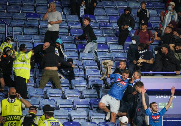 Crowd trouble between supporters and police at full time during the UEFA Europa League group match between Leicester City and S.S.C Napoli at the King Power Stadium, Leicester, England on 16 September 2021. Copyright: xAndyxRowlandx PMI-4422-0011