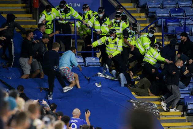 Mandatory Credit: Photo by Robbie Stephenson JMP Shutterstock (12447737bg) Crowd trouble between the Leicester City and Napoli fans at the end of their UEFA Europa League group stage fixture Leicester City v Napoli, UK - 16 Sep 2021 Editorial use only Leicester City v Napoli, UK - 16 Sep 2021 Editorial use only  Copyright: xRobbiexStephenson JMP Shutterstockx 12447737bg