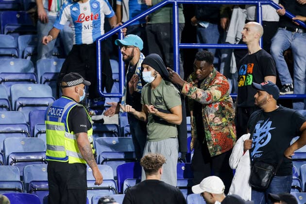 Mandatory Credit: Photo by Robbie Stephenson JMP Shutterstock (12447737bt) Crowd trouble between the Leicester City and Napoli fans at the end of their UEFA Europa League group stage fixture Leicester City v Napoli, UK - 16 Sep 2021 Editorial use only Leicester City v Napoli, UK - 16 Sep 2021 Editorial use only  Copyright: xRobbiexStephenson JMP Shutterstockx 12447737bt
