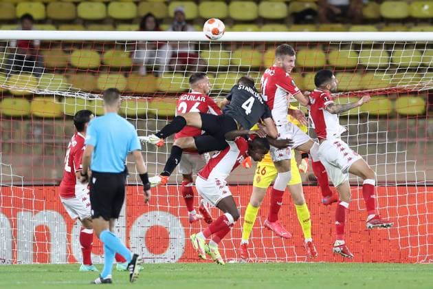 Monaco, Monaco, 16th September 2021. Jon Stankovic of SK Sturm Graz crashes into Ruben Aguilar, Eliot Matazo and Strahinja Pavlovic of AS Monaco at a corner kick during the UEFA Europa League match at Stade Louis II, Monaco. Picture credit should read: Jonathan Moscrop Sportimage EDITORIAL USE ONLY. No use with unauthorised audio, video, data, fixture lists, club league logos or live services. Online in-match use limited to 120 images, no video emulation. No use in betting, games or single club league player publications. SPI-1189-0034