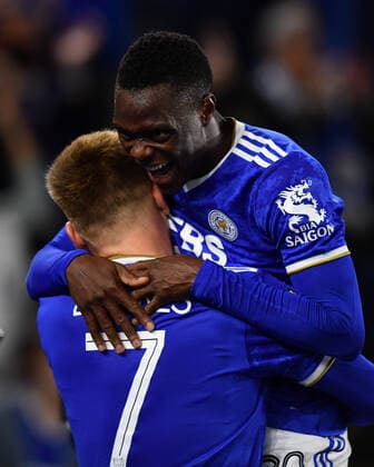 Football - 2021 2022 UEFA Europa League - Group C, Round One - Leicester City vs Napoli - King Power Stadium - Thursday 16th September 2021 Leicester City s Patson Daka congratulates Harvey Barnes on scoring the 2nd goal. COLORSPORT Ashley Western 