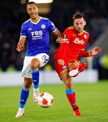 16th September 2021; King Power, Leicester, England; UEFA Europa League Football, Leicester City versus Napoli; Fabian Ruiz of Napoli shoots under pressure from Youri Tielemans of Leicester City  ActionPlus12323107 GrahamxWilson